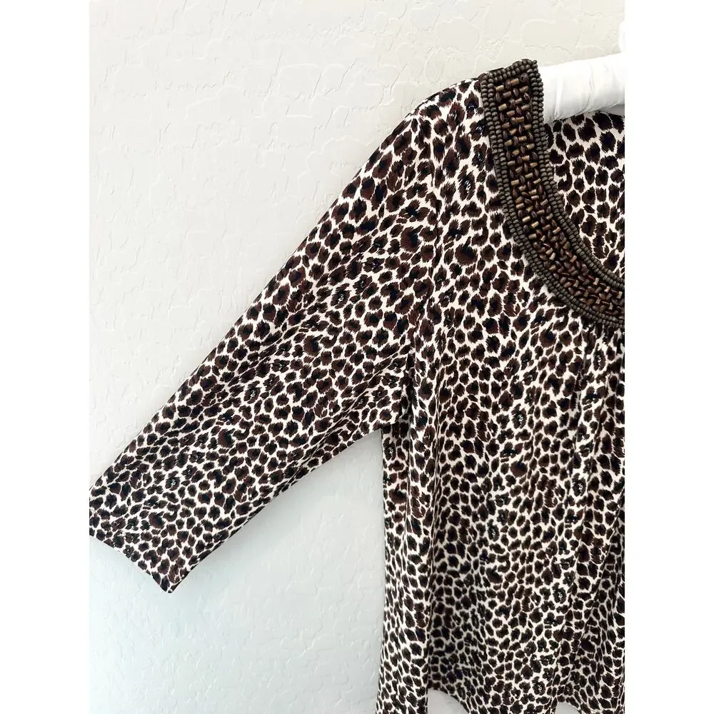CHICO’S | Leopard Print Knit Top Beaded Scoop Neck 3/4 Sleeve | Size 2 Large - Picture 3 of 7